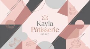Kayla 法式甜點品牌的形象視覺頁面，中央展示品牌 Logo 與 2017 年成立資訊，風格以粉色與灰色幾何設計呈現。
